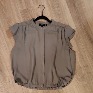 Theory Shirred Yoke Cap Sleeve Green Blouse